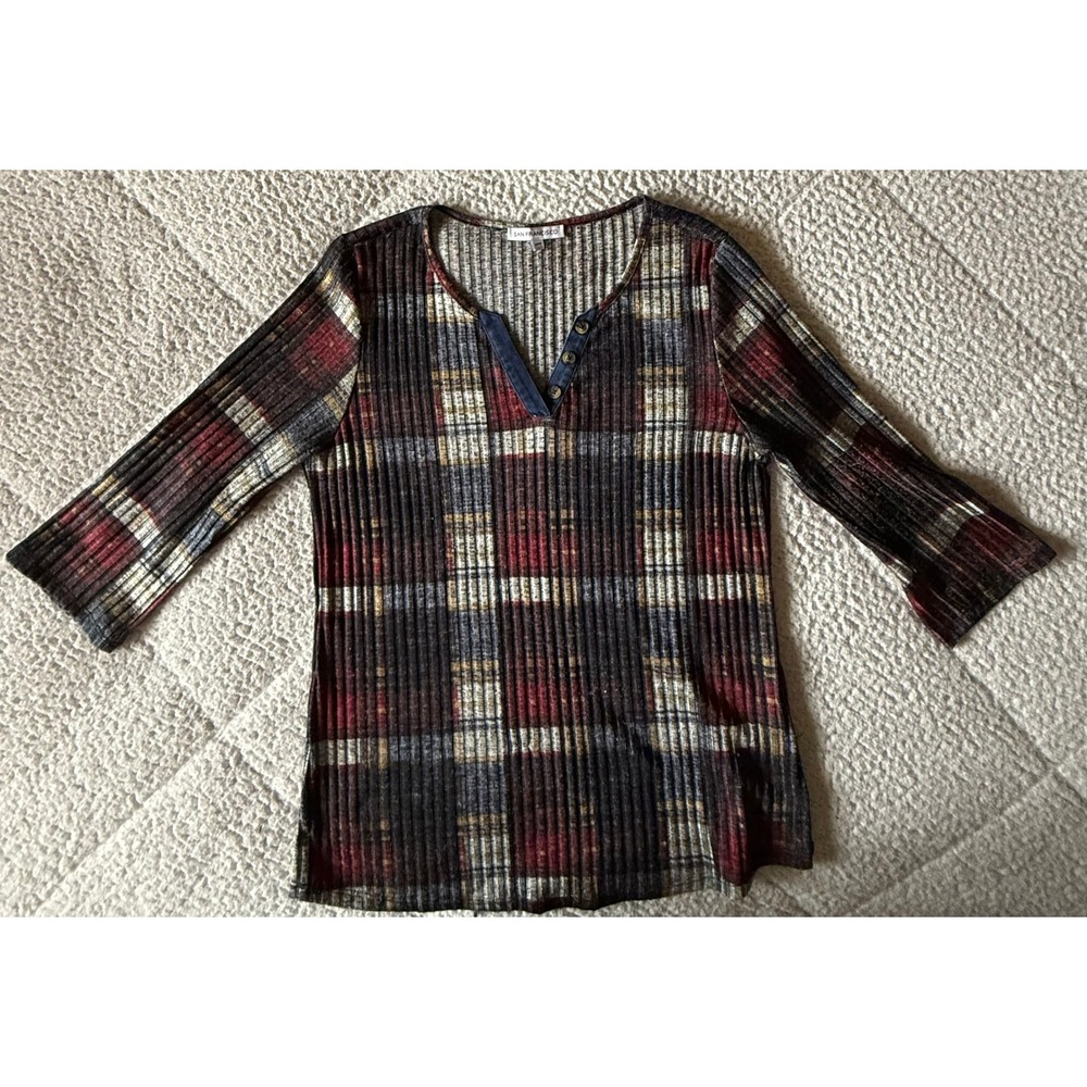 San Francisco Plaid Ribbed Henley Top Red Black 3/4 Roll Tab Sleeve Medium